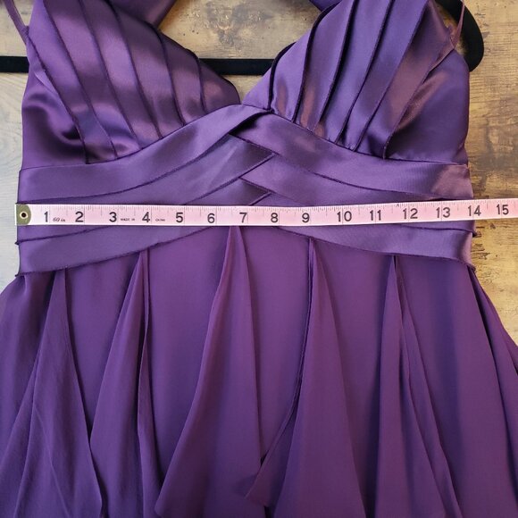 Deep Purple BCBG Fun Formal Mini Halter Dress w Pleats, Sheer Ruffle Fabric - Picture 13 of 15